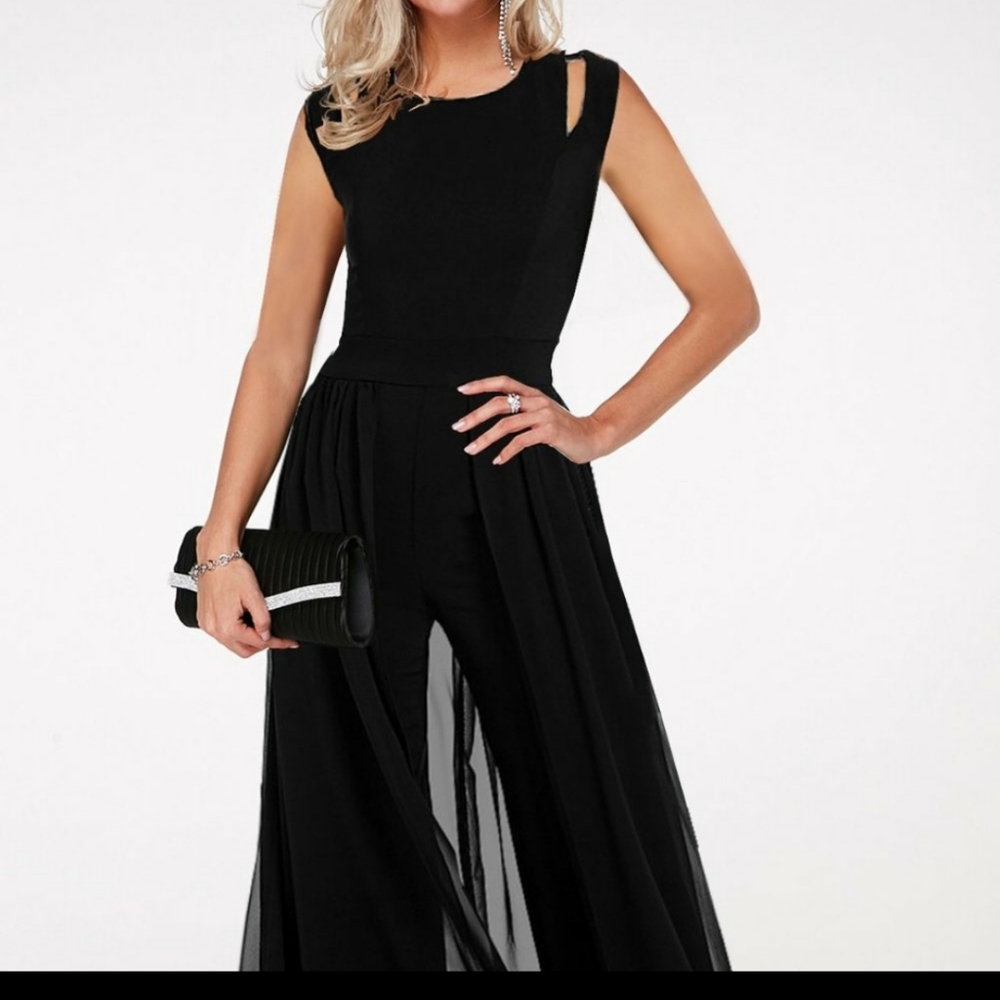 Round neck high waist chiffon overlay black jumpsuit.